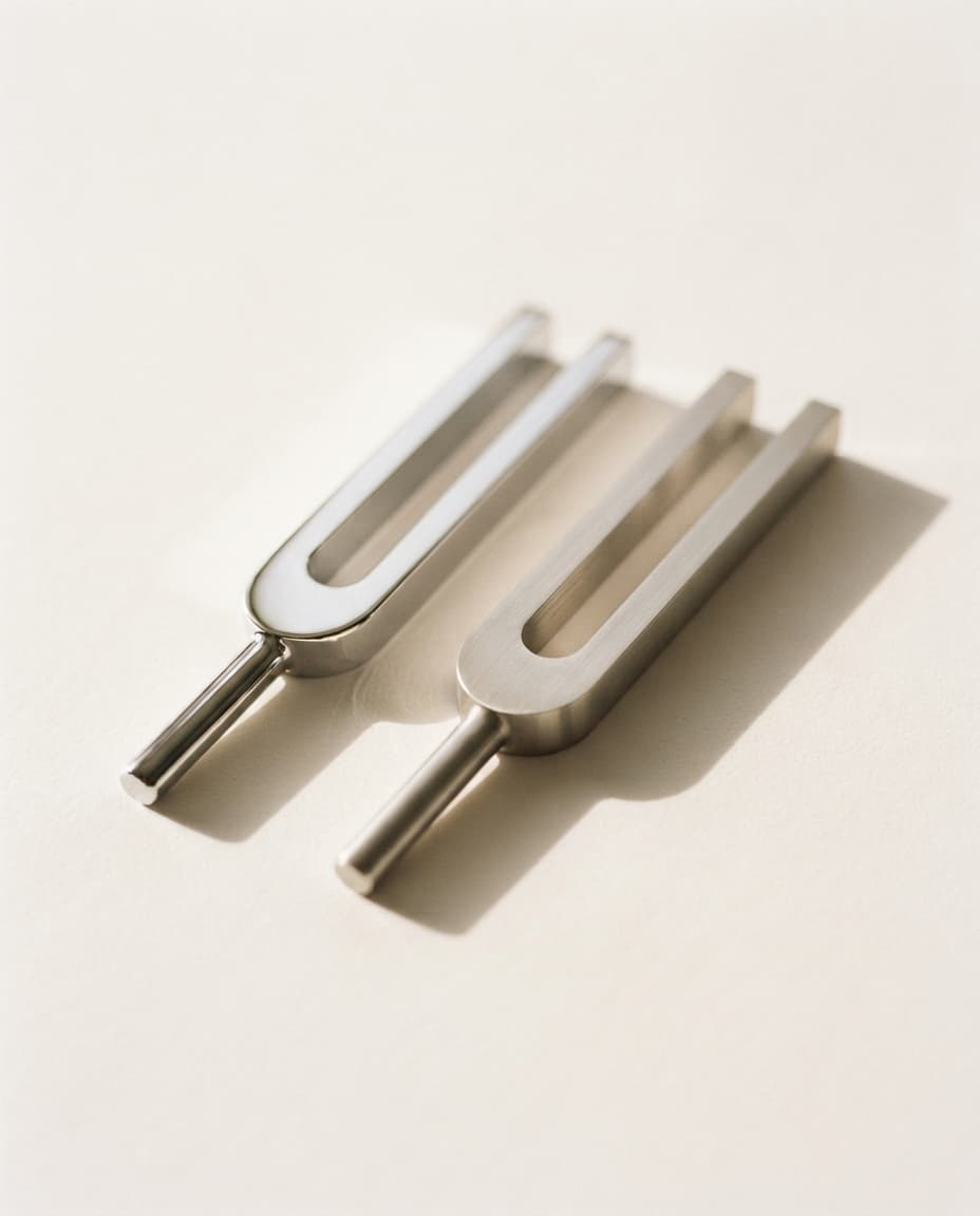 Two identical tuning forks, one mirror-polished and one satin-brushed