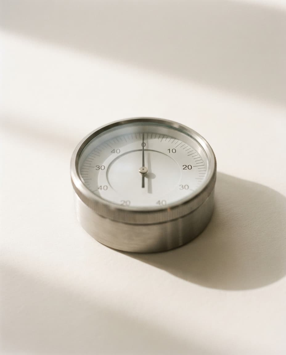A round precision gauge with its needle resting exactly on the zero mark