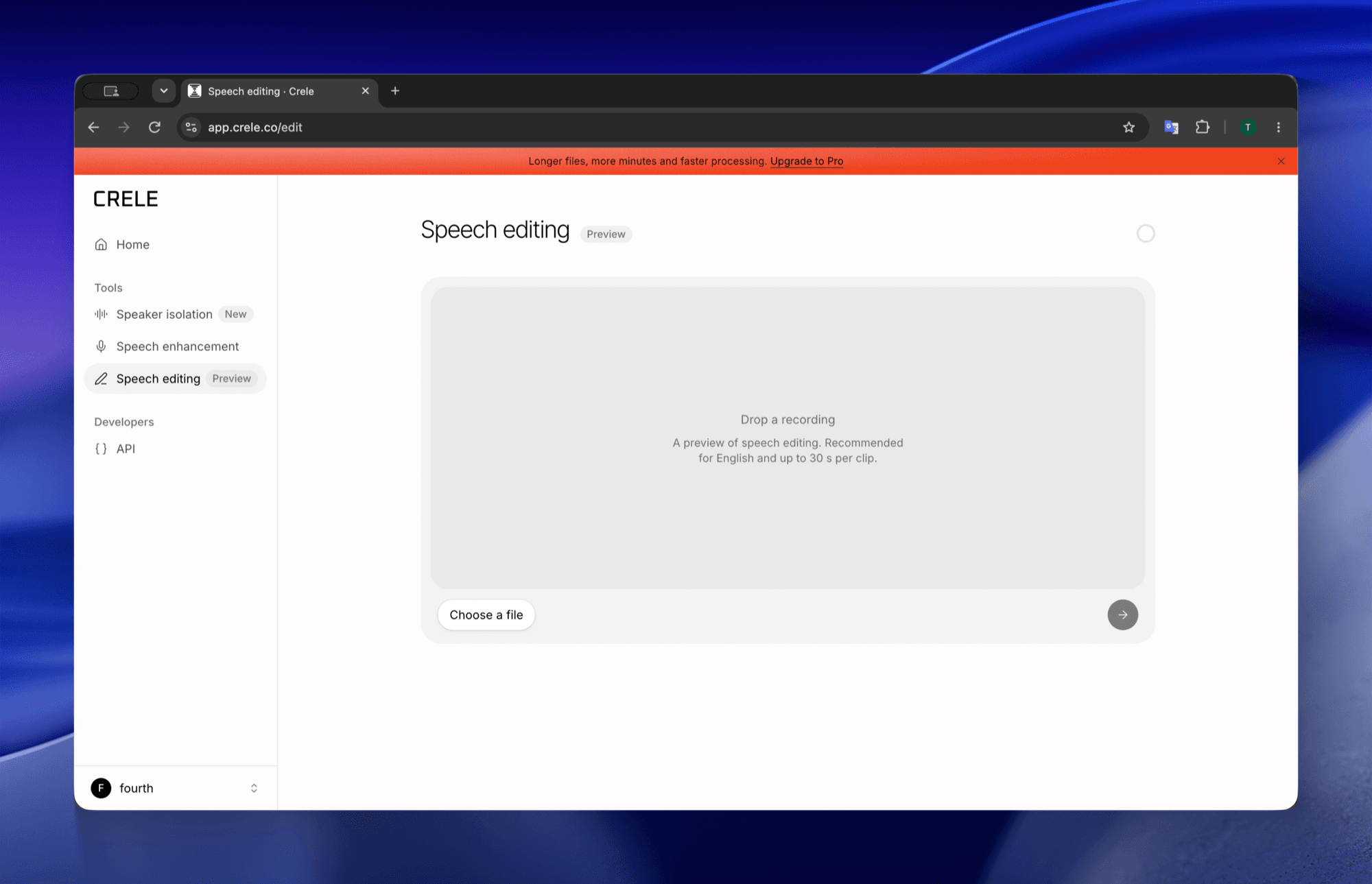 A video dropped into Speech editing in the Crele app