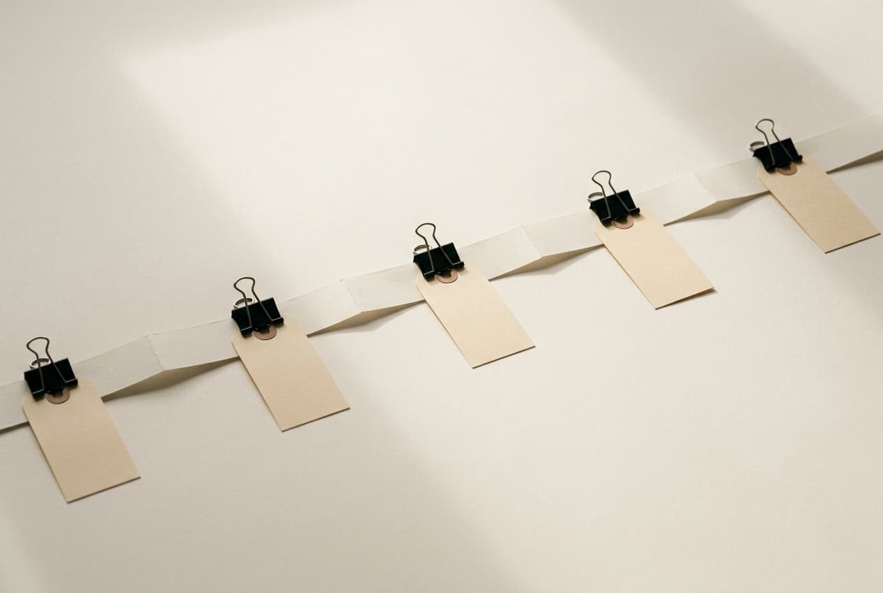 A strip of paper tape divided into segments, with identical blank manila tags clipped along its length
