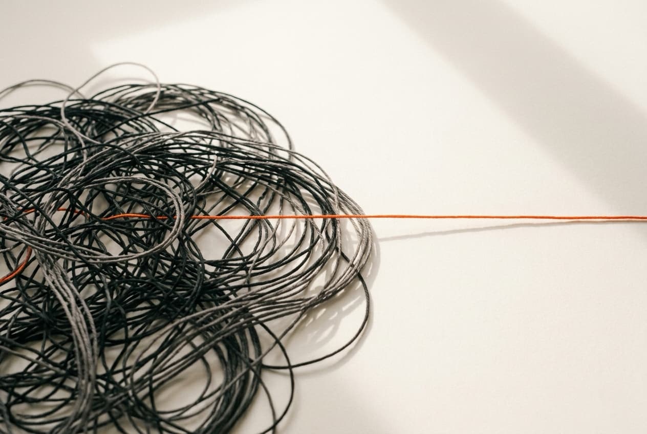 A single international-orange thread pulled taut out of a dense tangle of charcoal-grey threads