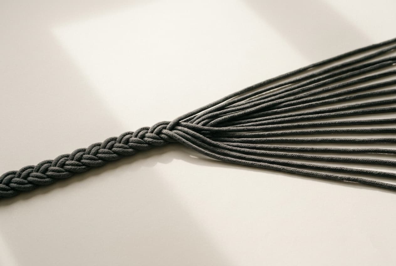 A braided grey rope unwinding mid-frame into identical separated strands laid parallel