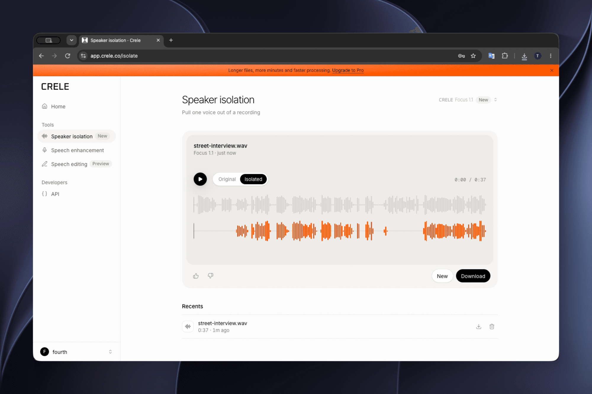 The result: the original street interview and the subject's isolated voice, with the Original and Isolated switch and the Download button