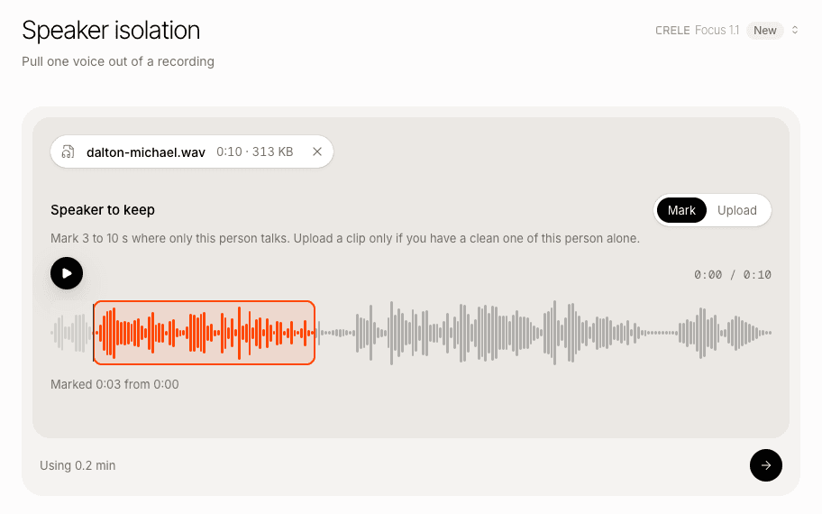 Three seconds of one speaker marked on the recording's waveform