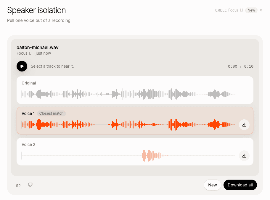The result: the original, Voice 1 marked Closest match, and Voice 2, each with its own download button