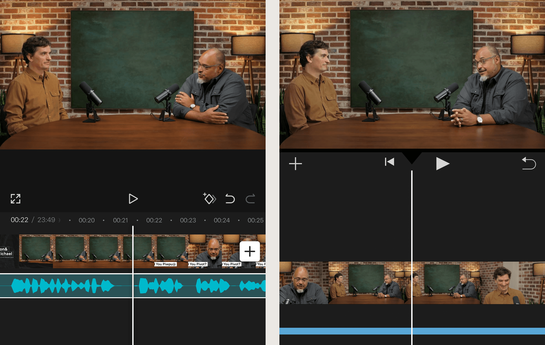 The kept voice laid under the video in CapCut, left, and iMovie, right